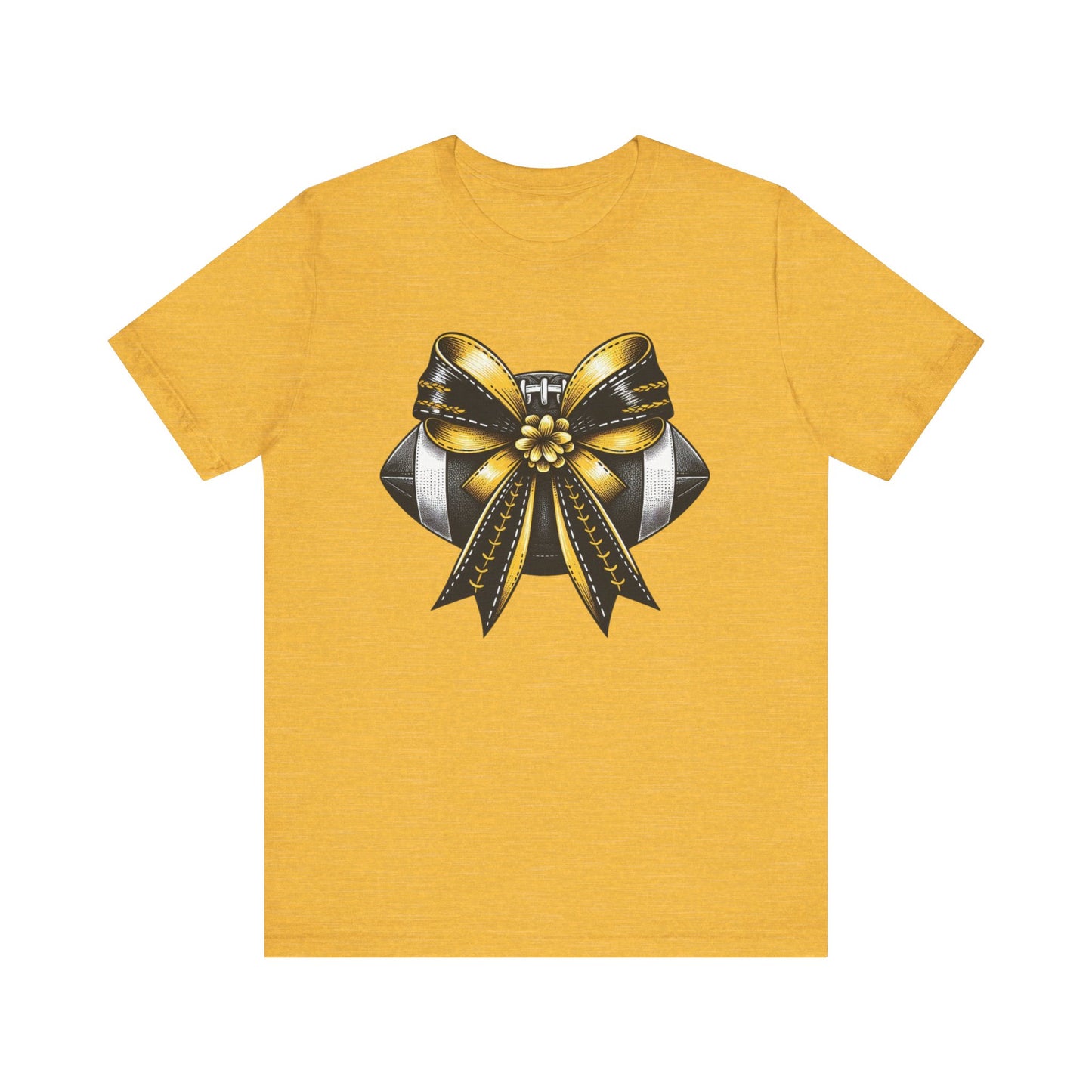 Football Bow Unisex Tee | Sporty Style Tee, Game Day T-Shirt, Casual Wear, Athletic Gift, Fan Apparel, Black and Gold, Saints