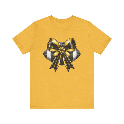 Football Bow Unisex Tee | Sporty Style Tee, Game Day T-Shirt, Casual Wear, Athletic Gift, Fan Apparel, Black and Gold, Saints