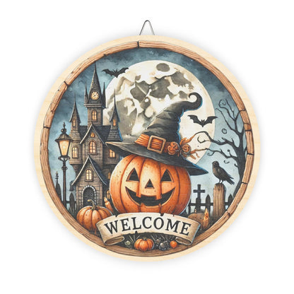 Halloween Welcome wooden door sign, mantle, entry table, decor, Pumpkin and haunted house