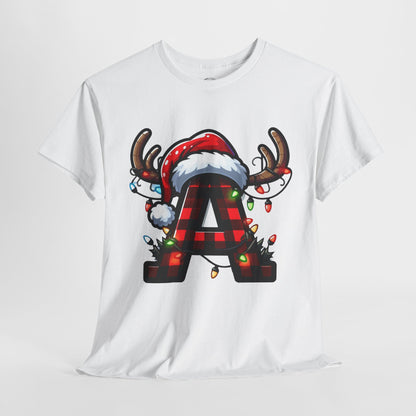Festive Reindeer Initial A Tee, Unisex Holiday T-Shirt, Christmas Gift, Personalized Apparel, Cozy Winter Wear, Merry & Bright