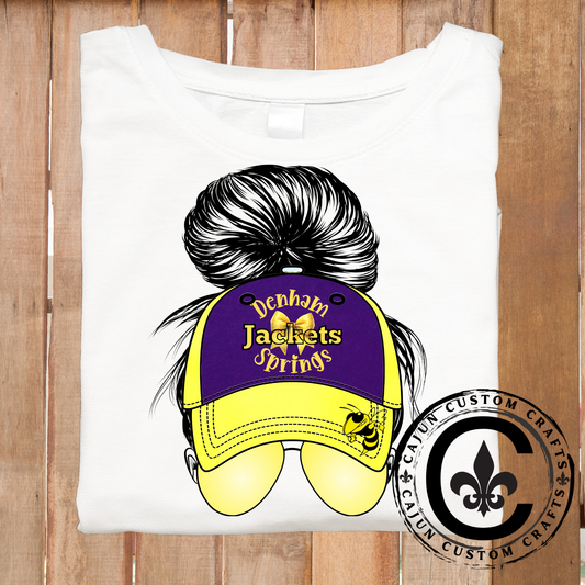 Denham Springs, Jackets, Mom Messy Bun with a baseball cap - DTF or Sublimation Transfer