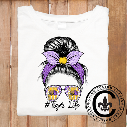 Messy Mom Bun, Tiger Life, Purple and Gold