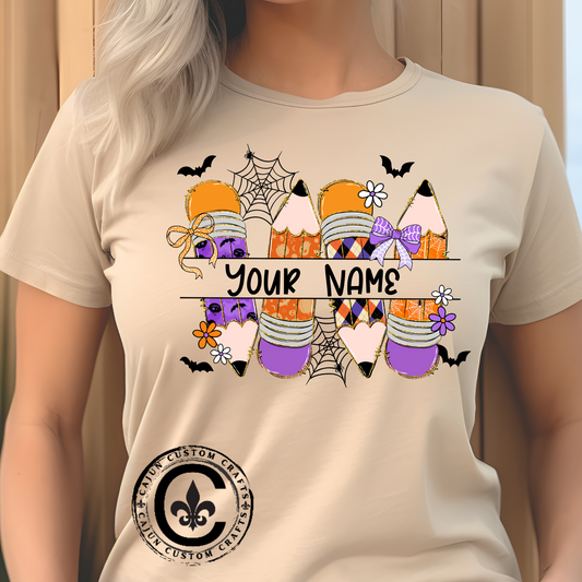 Personalized Halloween School Pencil with your name design, on a bella canvas shirt