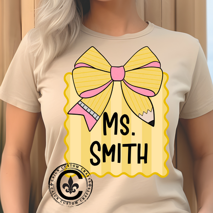 Personalized, Back to School, Pencil Bow coquette design for students, teachers, faculty, etc