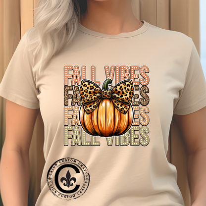 Fall Vibes Unisex Cotton Tee, Autumn Shirt, Pumpkin Graphic Tee, Halloween Apparel, Cozy Fall T-Shirt, Seasonal Outfit, leopard bow