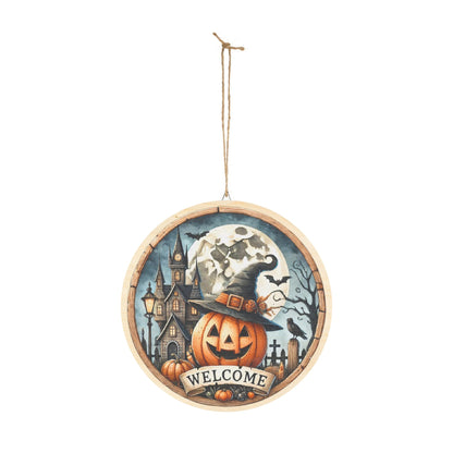 Halloween Welcome wooden door sign, mantle, entry table, decor, Pumpkin and haunted house