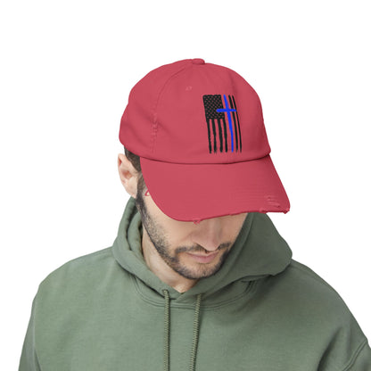 Thin Blue Line, Cross, Flag, Unisex Distressed Cap, Funny Hat, Casual Gift, Everyday Wear, Cool Accessory, Adjustable Cap