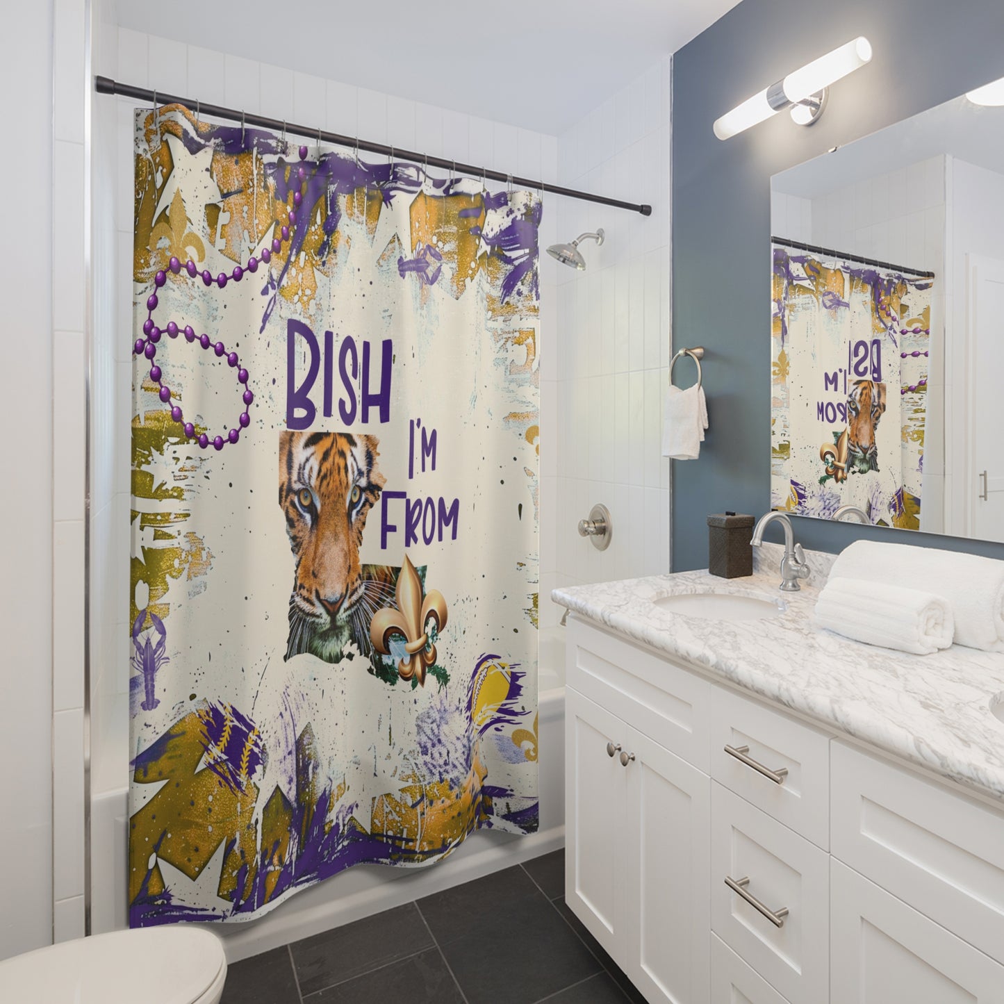 Colorful Shower Curtain with Tiger Design, I'm From Louisiana, Tiger pride in your bathroom!
