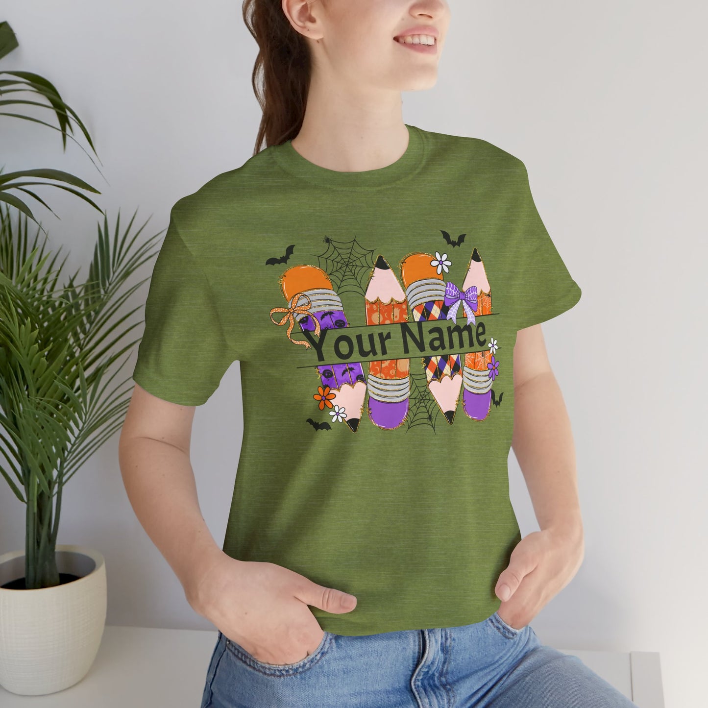 Personalized Halloween School Pencil with your name design, on a bella canvas shirt