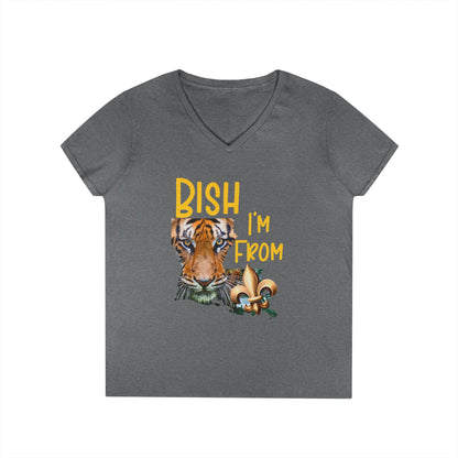 Vibrant Graphic Tee, Ladies' V-Neck T-Shirt, Fun Casual Wear, Perfect for Gifts, Everyday Style, BISH I'M FROM Louisiana