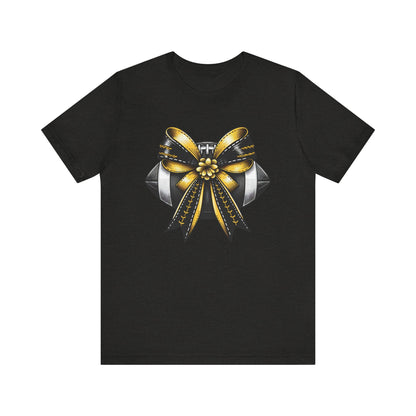 Football Bow Unisex Tee | Sporty Style Tee, Game Day T-Shirt, Casual Wear, Athletic Gift, Fan Apparel, Black and Gold, Saints