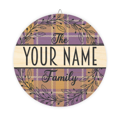 Personalized, Family Name, Purple and Gold, Plaid, LSU Door, Decor, Sign, Wreath, Wooden Door Hanger