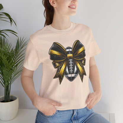 Football Bow Unisex Tee | Sporty Style Tee, Game Day T-Shirt, Casual Wear, Athletic Gift, Fan Apparel, Black and Gold, Saints
