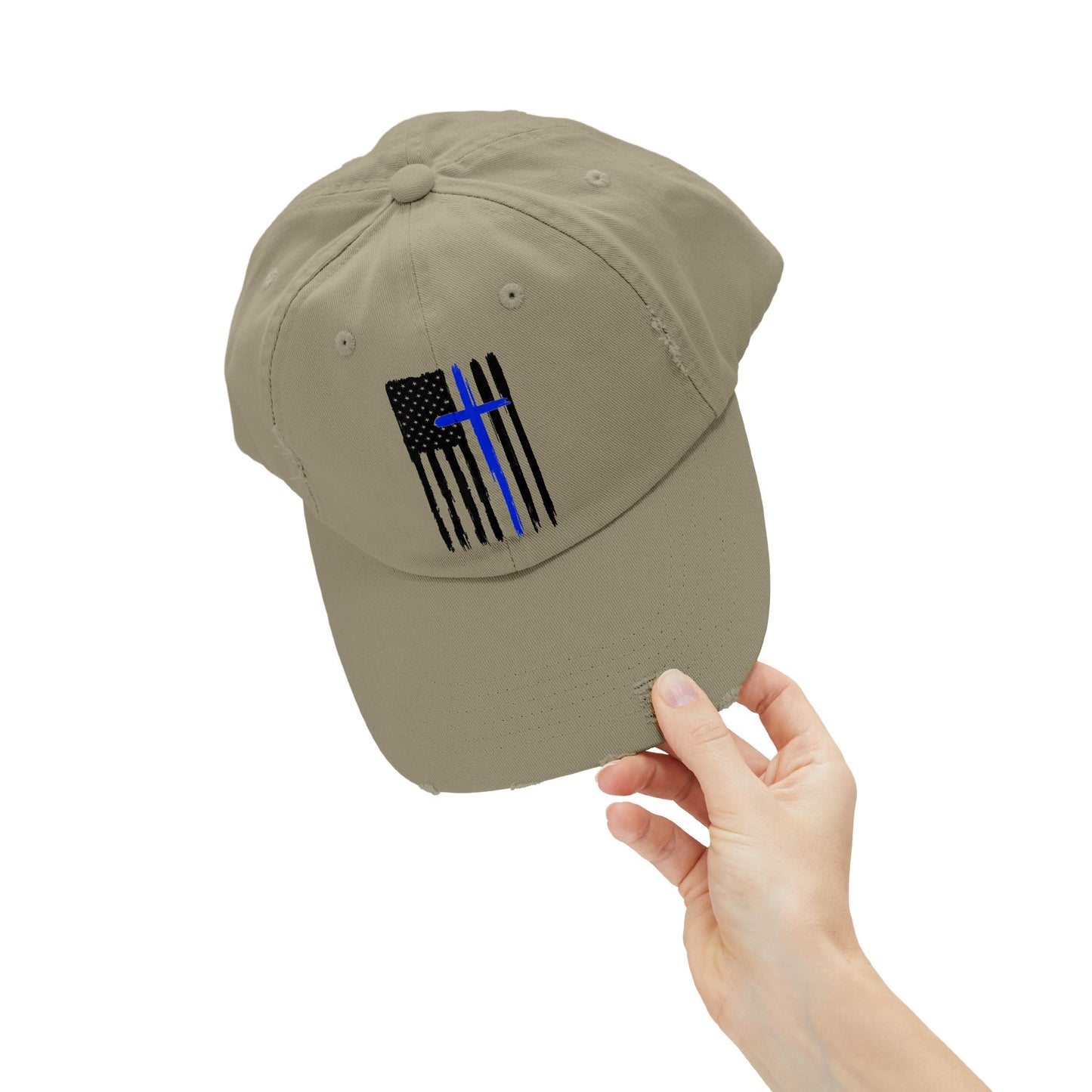 Thin Blue Line, Cross, Flag, Unisex Distressed Cap, Funny Hat, Casual Gift, Everyday Wear, Cool Accessory, Adjustable Cap