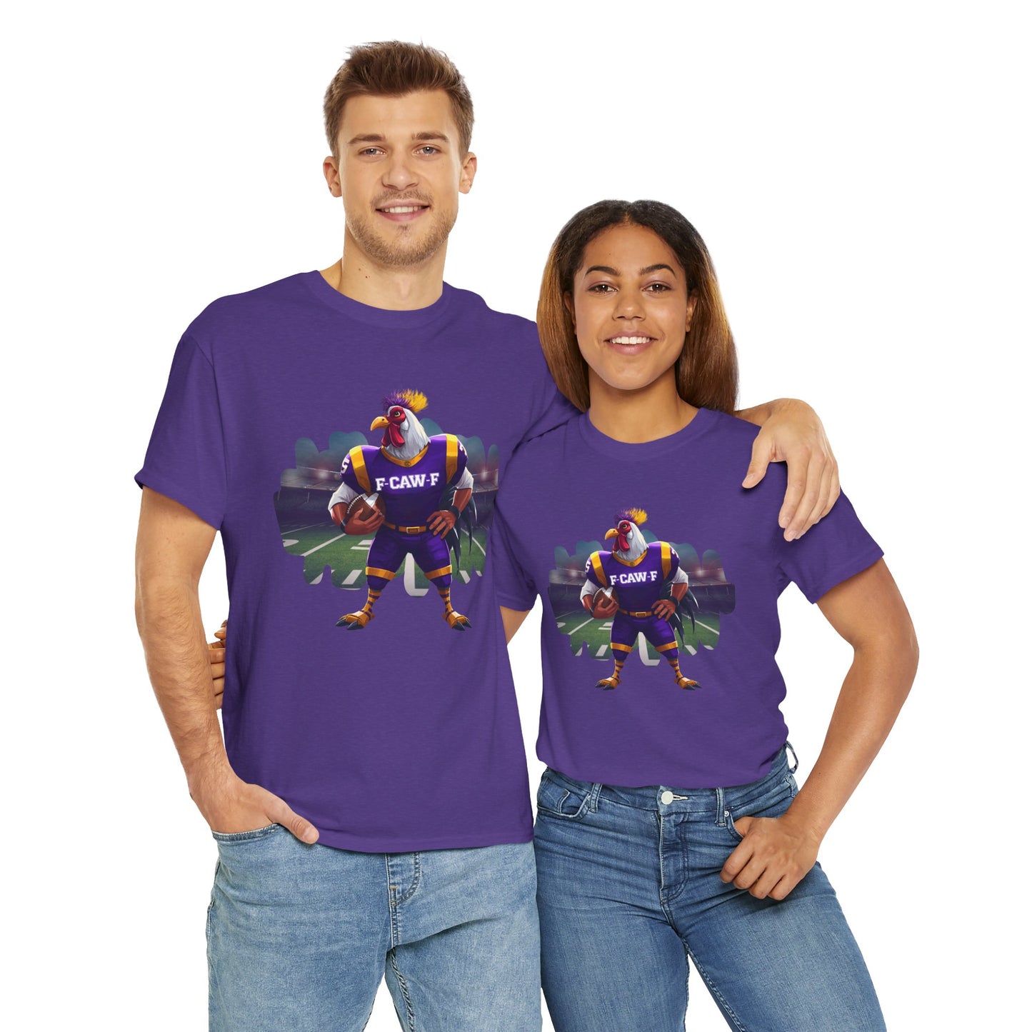 F-CAW-F Football Rooster, Purple and Gold , Sporty Unisex Heavy Cotton Tee