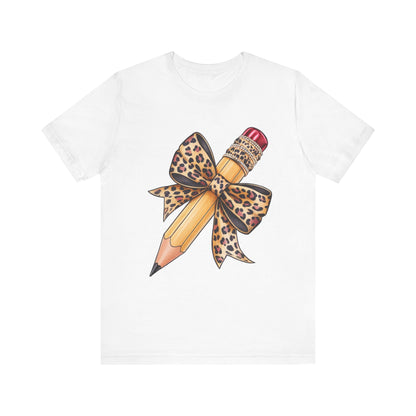 Leopard Bow Pencil Tee - Cute Teacher Gift, Back to School Outfit, Art Lover Shirt, Classroom Apparel, Fun Educational Shirt