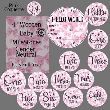 1st Years of Milestones, for Newborn, Pink Coquette Bow Theme Design, 4" wooden rounds