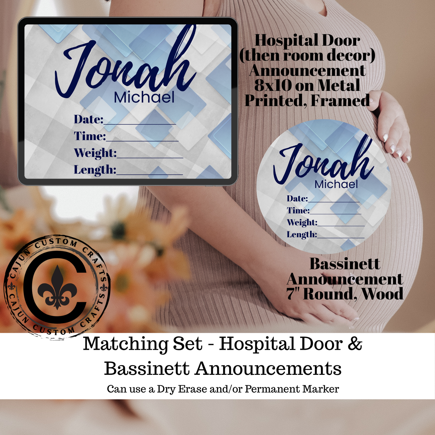Baby Boy, Navy and Gray, Birth Announcement, door hanger, table frame, bassinet display