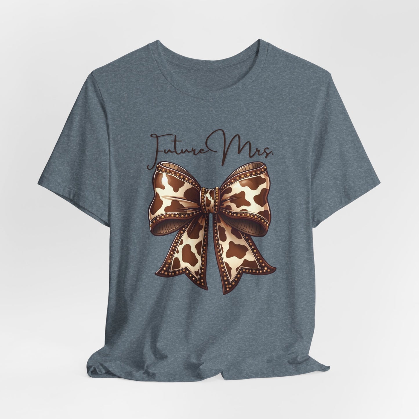 Personalized Future Mrs. Bride Cow Print Bow Short Sleeve Tee, Casual Top, Western Style Shirt, Country Chic T-Shirt, Birthday Gift, Everyday Wear