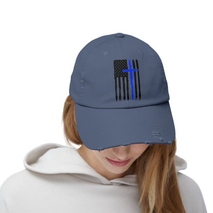 Thin Blue Line, Cross, Flag, Unisex Distressed Cap, Funny Hat, Casual Gift, Everyday Wear, Cool Accessory, Adjustable Cap