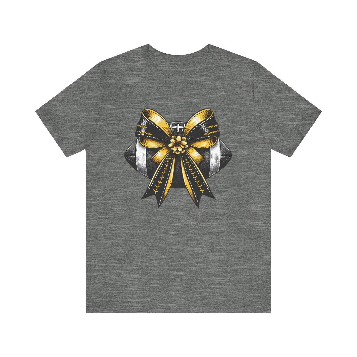 Football Bow Unisex Tee | Sporty Style Tee, Game Day T-Shirt, Casual Wear, Athletic Gift, Fan Apparel, Black and Gold, Saints