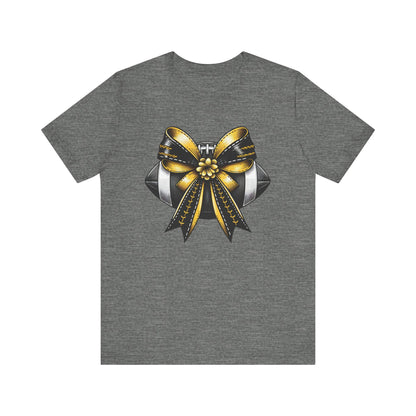 Football Bow Unisex Tee | Sporty Style Tee, Game Day T-Shirt, Casual Wear, Athletic Gift, Fan Apparel, Black and Gold, Saints