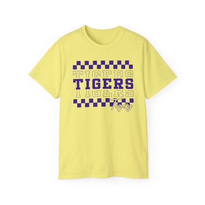 LSU Gold Day, Retro Tigers, Checkerboard Football Tee, Cute Football T-Shirt, Gift for Sports Lovers, Unique Football Apparel, Casual Everyday Wear