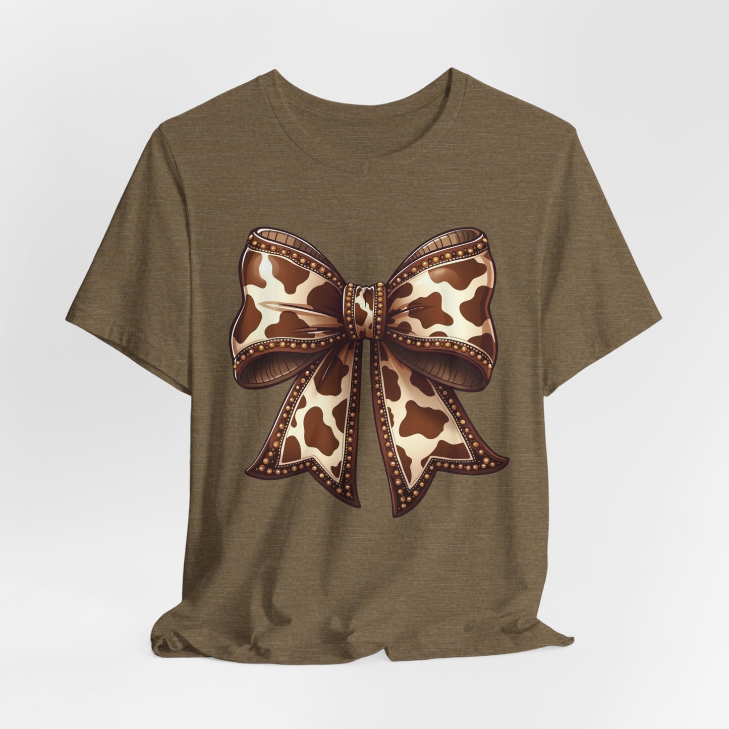 Cow Print Bow Short Sleeve Tee, Casual Top, Western Style Shirt, Country Chic T-Shirt, Birthday Gift, Everyday Wear
