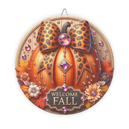 Fall, Welcome Wooden door sign, home decor, entry way, mantle decor, Pumpkin, Crystals, Leopard Coquette Bow, Fall Flowers, 3d looking