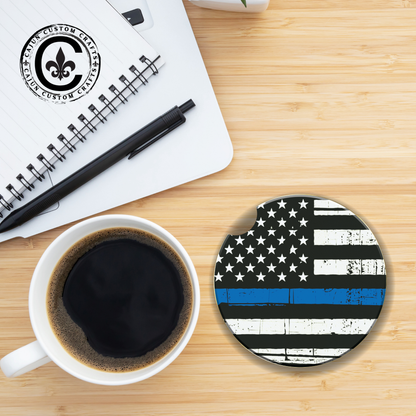 Thin Blue Line Flag Car Coasters, law enforcement, american flag