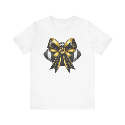 Football Bow Unisex Tee | Sporty Style Tee, Game Day T-Shirt, Casual Wear, Athletic Gift, Fan Apparel, Black and Gold, Saints
