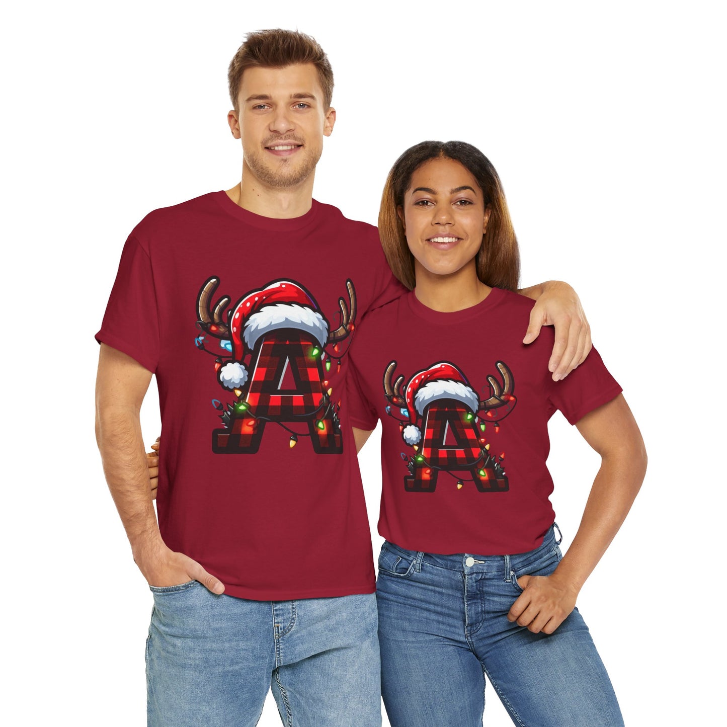 Festive Reindeer Initial A Tee, Unisex Holiday T-Shirt, Christmas Gift, Personalized Apparel, Cozy Winter Wear, Merry & Bright