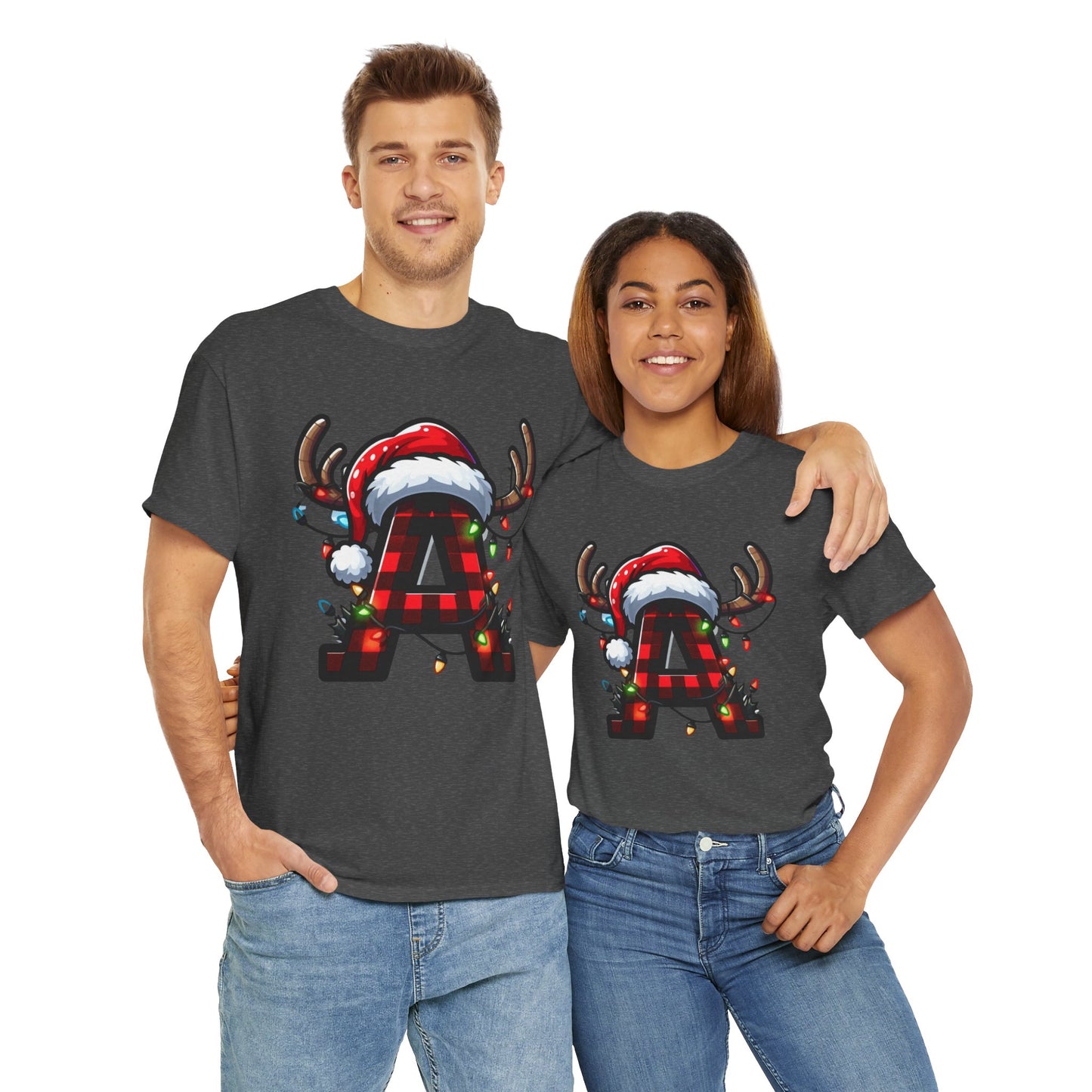 Festive Reindeer Initial A Tee, Unisex Holiday T-Shirt, Christmas Gift, Personalized Apparel, Cozy Winter Wear, Merry & Bright