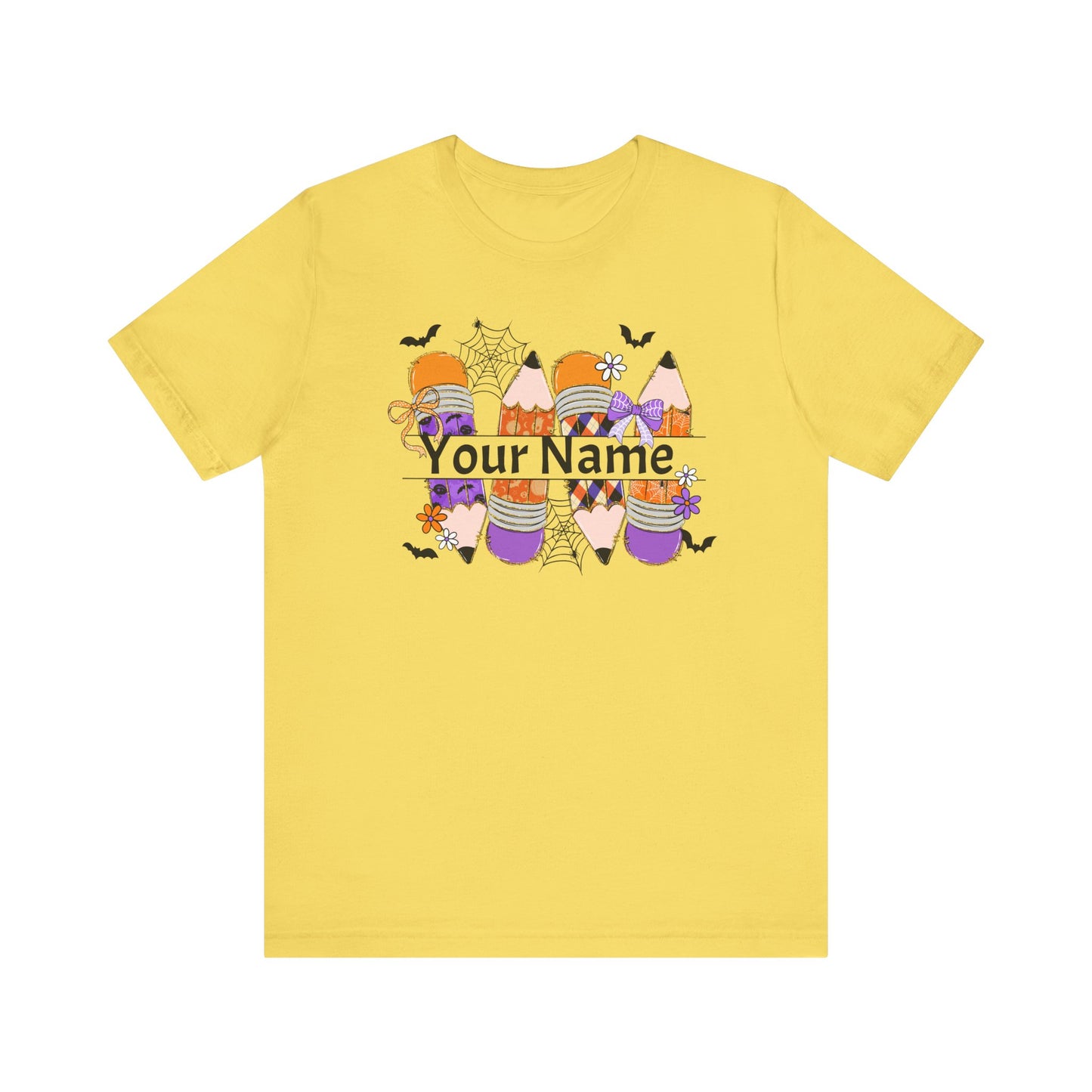 Personalized Halloween School Pencil with your name design, on a bella canvas shirt