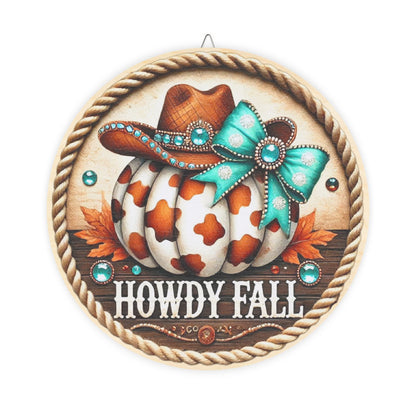 Howdy Fall, Cow Print Pumpkin, with a Cowgirl hat and coquette bow, Country Fall Welcome Door sign, Wooden, Entry Way, Mantle, Home Decor