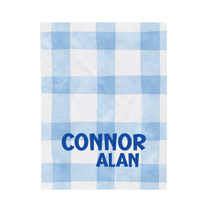 Personalized Velveteen Plush Blanket, Newborn, Baby, Nursery, Infant, Shower Gift, Hospital Blanket, Blue Plaid