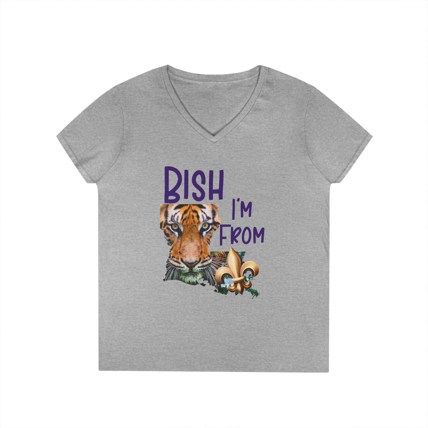 Vibrant Graphic Tee, Ladies' V-Neck T-Shirt, Fun Casual Wear, Perfect for Gifts, Everyday Style, BISH I'M FROM Louisiana