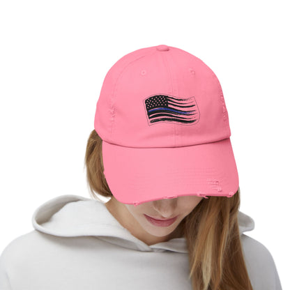 Thin Blue Line Flag, Unisex Distressed Cap, Funny Hat, Casual Gift, Everyday Wear, Cool Accessory, Adjustable Cap