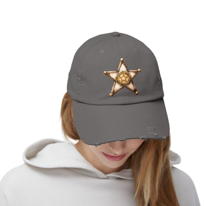 Unisex Distressed Sheriff Cap, Adjustable Hat, Casual Headwear for Outdoor Adventures, Gifts for Police Fans, Unique Fashion Accessory
