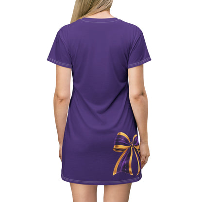 Purple dress, Purple and Gold Elegant Bow T-Shirt Dress - Stylish Casual Wear for Parties, Birthdays, or Everyday Outfits, Comfortable and Fashionable