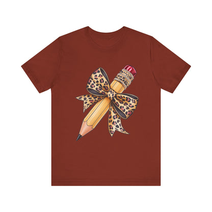 Leopard Bow Pencil Tee - Cute Teacher Gift, Back to School Outfit, Art Lover Shirt, Classroom Apparel, Fun Educational Shirt