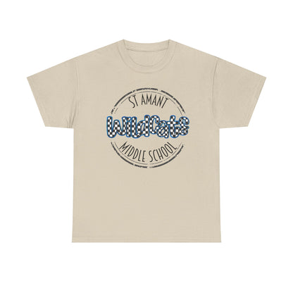 SAMS Wildcats with a black checkered style, Whimsical on a Unisex Tshirt, St Amant Middle School