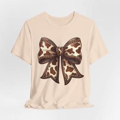 Cow Print Bow Short Sleeve Tee, Casual Top, Western Style Shirt, Country Chic T-Shirt, Birthday Gift, Everyday Wear