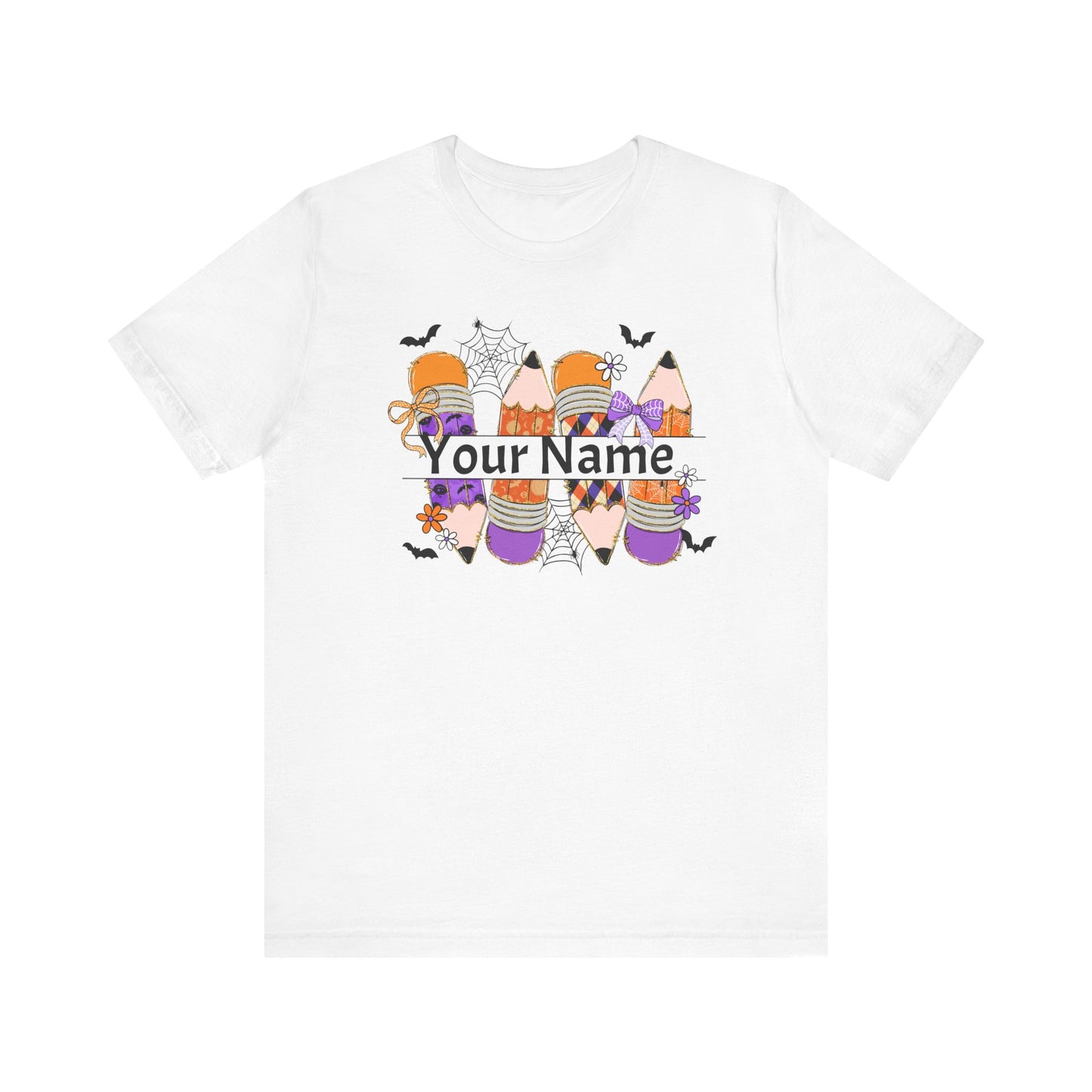 Personalized Halloween School Pencil with your name design, on a bella canvas shirt
