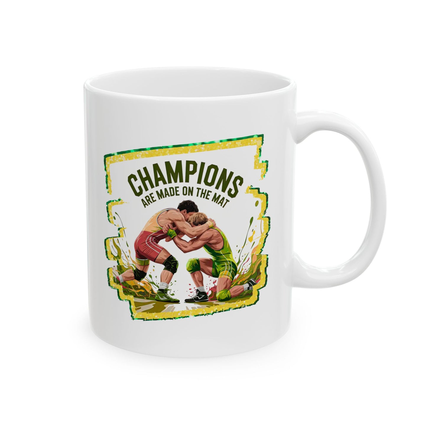 Green and Gold, Wrestling Design on a Ceramic Mug with Fun Design
