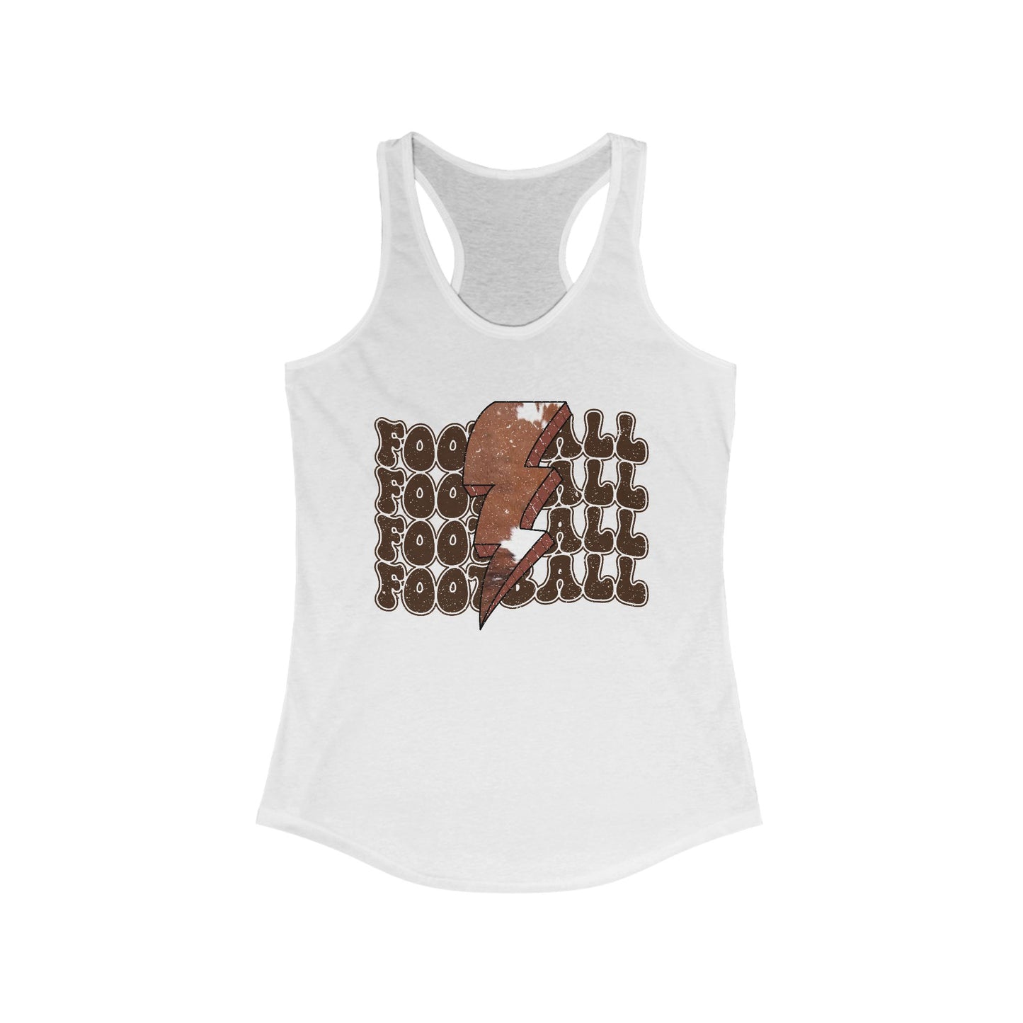Stacked Football with a Cowhide Lightning bolt Women's Racerback Tank Top, Perfect for Game Day, Sports Events, Tailgating, and Everyday Wear