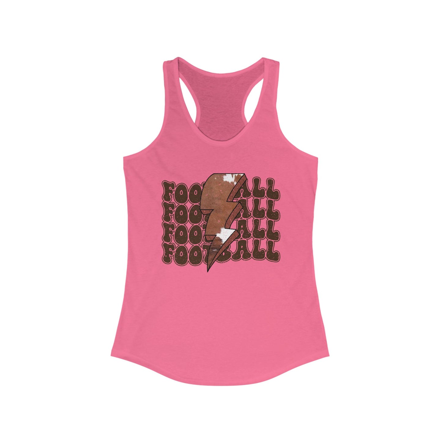 Stacked Football with a Cowhide Lightning bolt Women's Racerback Tank Top, Perfect for Game Day, Sports Events, Tailgating, and Everyday Wear