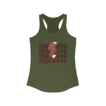 Stacked Football with a Cowhide Lightning bolt Women's Racerback Tank Top, Perfect for Game Day, Sports Events, Tailgating, and Everyday Wear