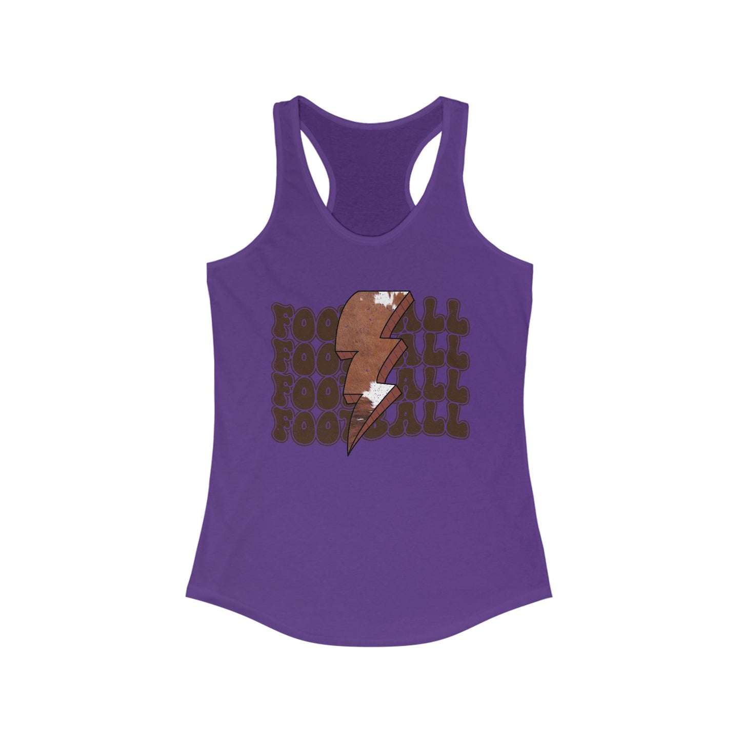 Stacked Football with a Cowhide Lightning bolt Women's Racerback Tank Top, Perfect for Game Day, Sports Events, Tailgating, and Everyday Wear