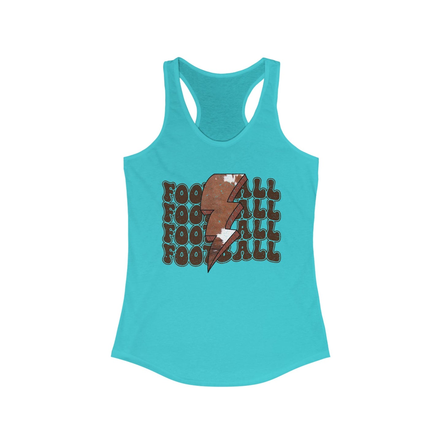 Stacked Football with a Cowhide Lightning bolt Women's Racerback Tank Top, Perfect for Game Day, Sports Events, Tailgating, and Everyday Wear